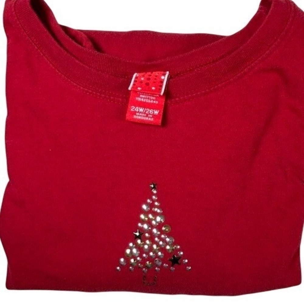 Women's Rhinestone Sequins Christmas Tree Red 3/4 Sleeve Shirt Plus Size 24W/26W